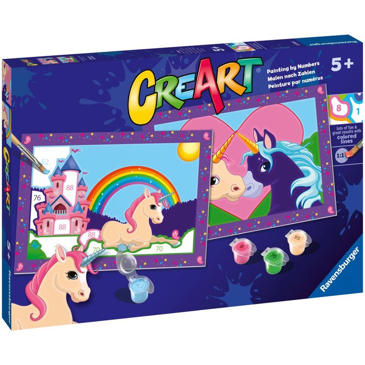 Комплект за рисуване по номера CreArt, Вълшебни еднорози, С 2 шаблона