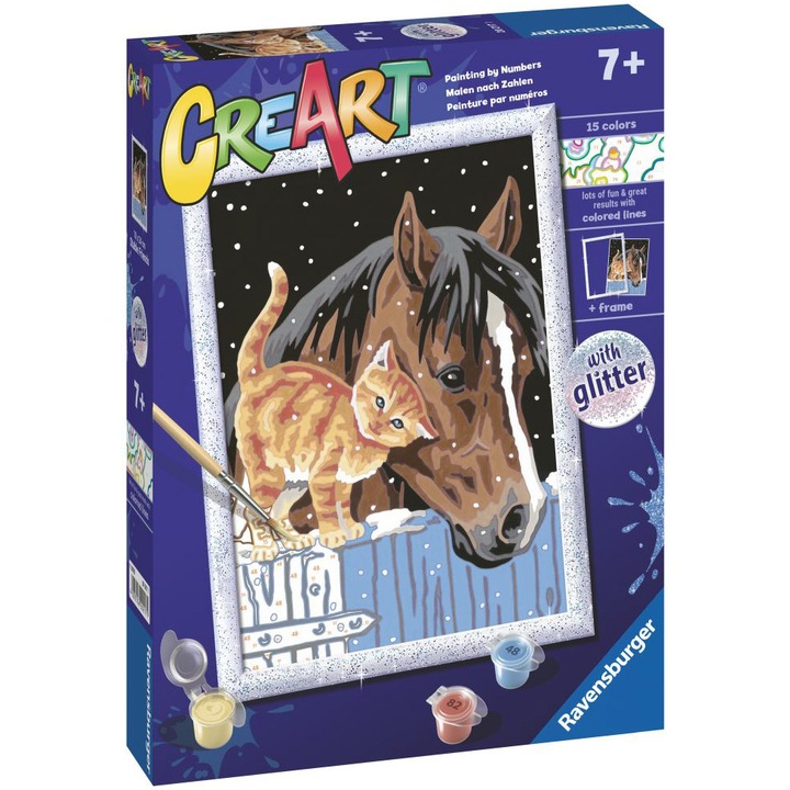 Комплект за рисуване по номера CreArt - Коте и кон с брокат