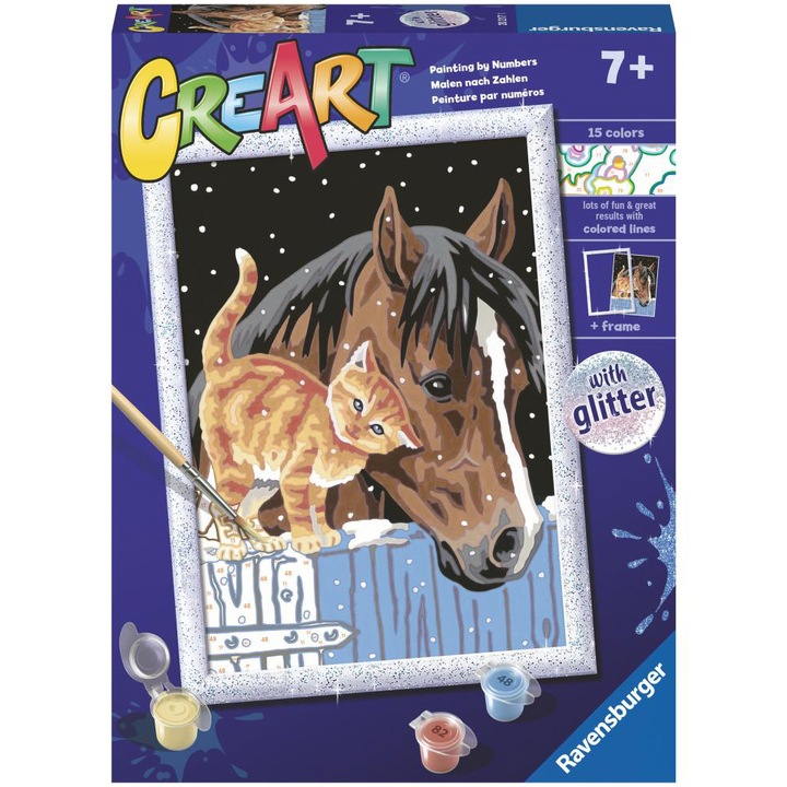 Комплект за рисуване по номера CreArt - Коте и кон с брокат