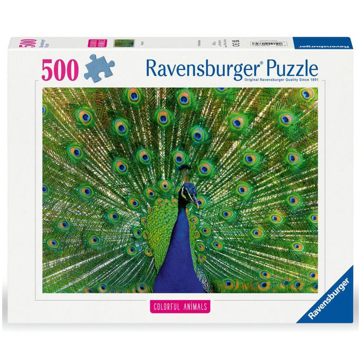 Пъзел Ravensburger, Цветни животни, Паун, 500 части