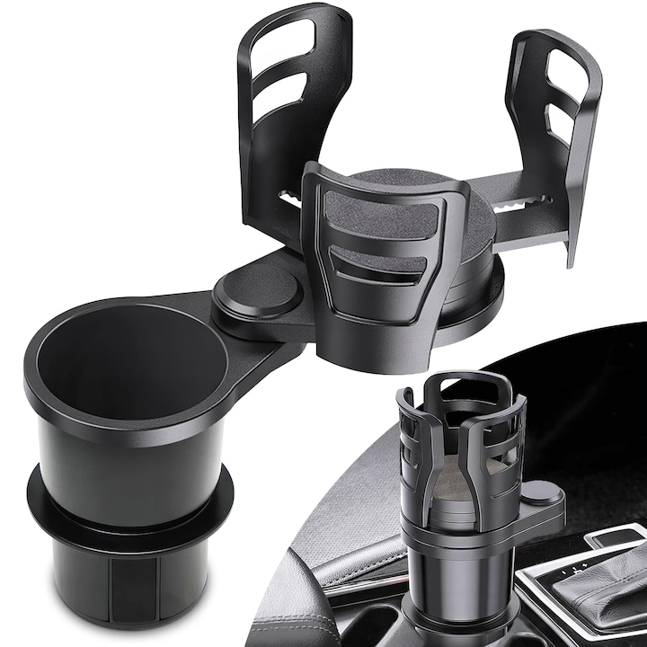 Suport auto pentru pahare BHW, extensie dubla, design ergonomic, Extensie multifunctionala pentru suportul de pahar pentru masina, suporturi duble 2 in 1 rotative la 360° pentru stocarea sticlelor, paharelor, gustarilor, Suport cupa extensibil, negru
