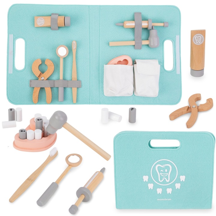 Set De Joaca Dentist, Mamabrum, Mam57 Set Dentist, Fabricat Din Lemn, Design Minimalist, Executie Preciza, Calitate Inalta A Materialelor, 28x3x23 cm, Multicolor, 11 Accesorii