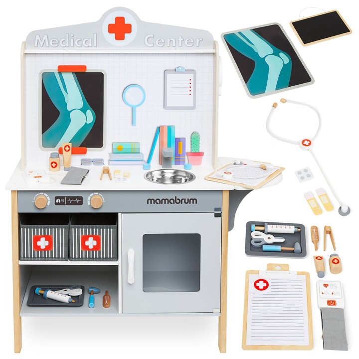 Set Cabinet Medical Cu Accesorii, Mamabrum, Mam123 Set Medical, Varsta Copilului 3+, Fabricat Din Lemn De Pin De Inalta Calitate, Design Minimalist Si Culori Placute, Montaj Usor, 83, 50x30x100 cm, Multicolor, 20 De Accesorii