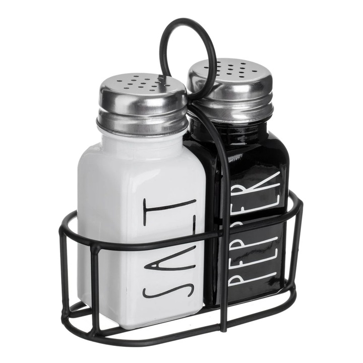 Set Solnita Sare Piper din Sticla Neagra Alba cu Baza Metalica 85ml