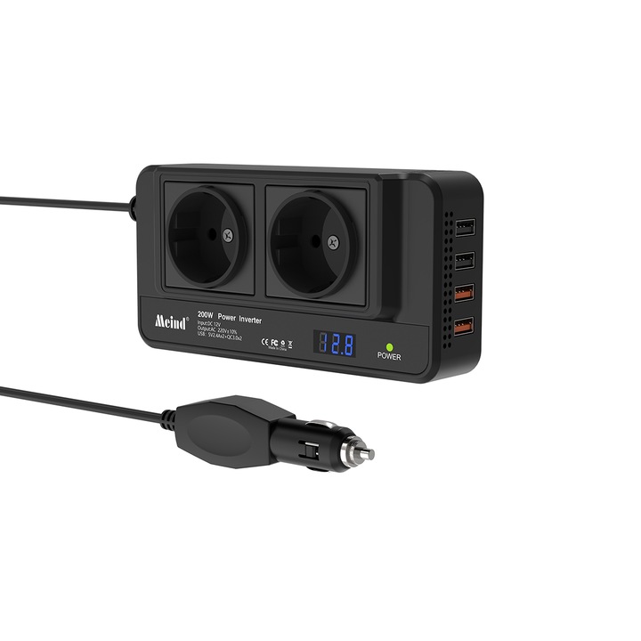 Autóinverter 200W 12V–220V 2 AC kimenettel 2x USB 2.4A + 2x USB QC 3.0 digitális kijelző, hűtőventilátor