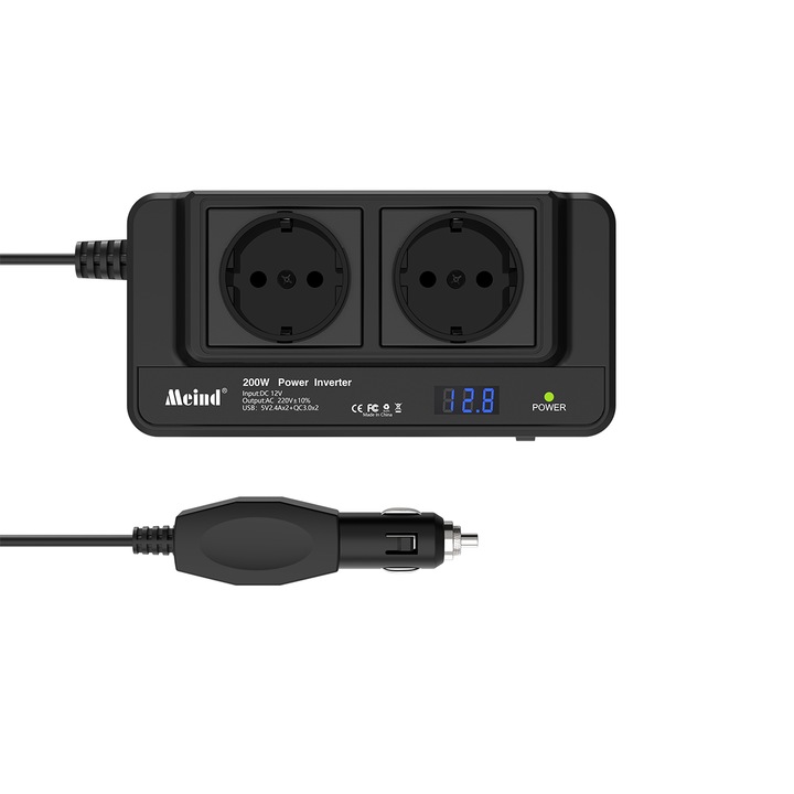 Autóinverter 200W 12V–220V 2 AC kimenettel 2x USB 2.4A + 2x USB QC 3.0 digitális kijelző, hűtőventilátor