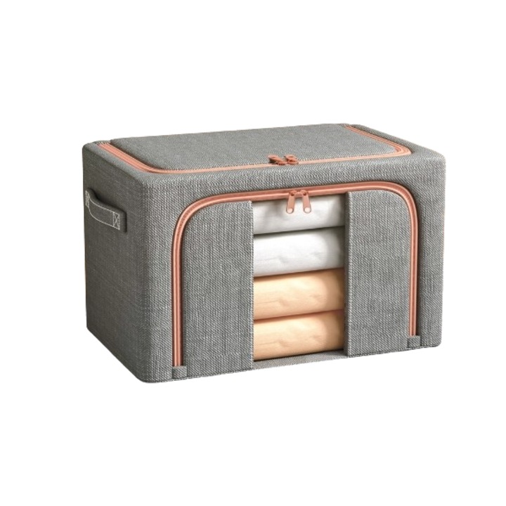 Cutie depozitare pliabila cu capac si rame metalice, gri, 24L