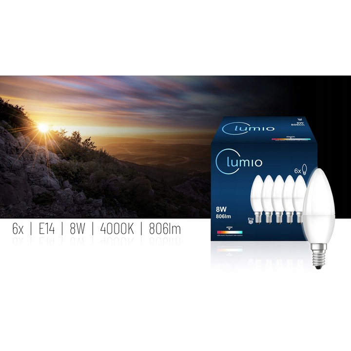 Пакет от 6 LED крушки, Lumio, E14, 8W, 806 lm, Неутрален цвят 4000k, Ъгъл на осветяване 120°, Живот 50000 h, Енергиен клас F