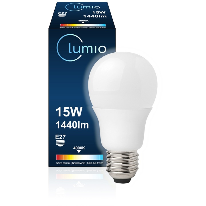Bec LED, Lumio, E27, 15W, 1440lm, Culoare neutra 4000k, Unghi de iluminare 120°, Durata de viata 50000h, Clasa Energetica F
