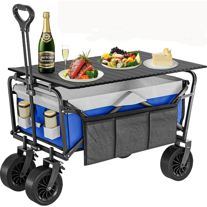 Carucior pliabil pentru transport, cu masa detasabila, capacitate 100kg, roti mari cu frana, buzunare laterale si cadru rezistent, ideal pentru camping, plaja si gradina