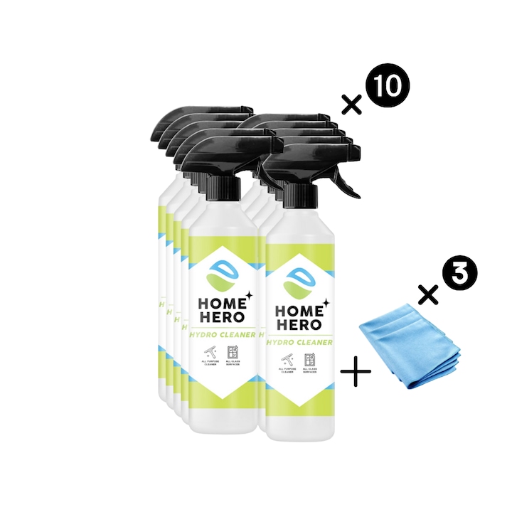 Set 10 x Solutie Curatare Geamuri + 3 Lavete Microfibra tip Fagure, Sticla si Oglinzi, Pachet HoReCa, Hydro Cleaner, Home Hero, 5000 ml