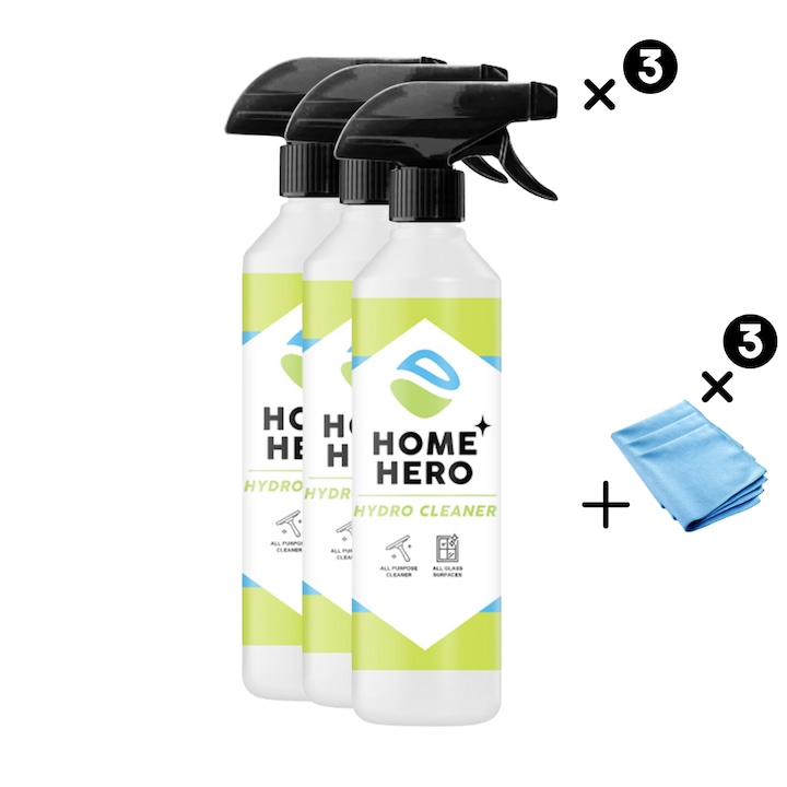 Set 3 x Solutie Curatare Geamuri + 3 Lavete Microfibra tip Fagure, Sticla si Oglinzi, Pachet HoReCa, Hydro Cleaner, Home Hero, 5000 ml