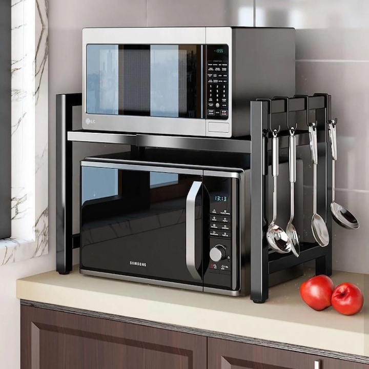 Raft Metalic Cuptor cu Microunde, Negru, Etajera Ajustabila, Organizator Bucatarie, 46 (H) x 36 (l) x 38-60 (L)