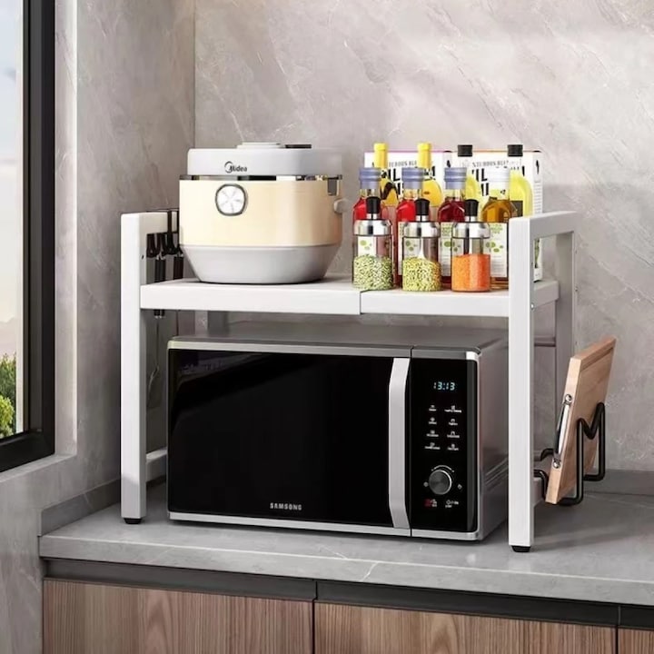 Raft Metalic Cuptor cu Microunde, Alb, Etajera Ajustabila, Organizator Bucatarie, 46 (H) x 36 (l) x 38-60 (L)