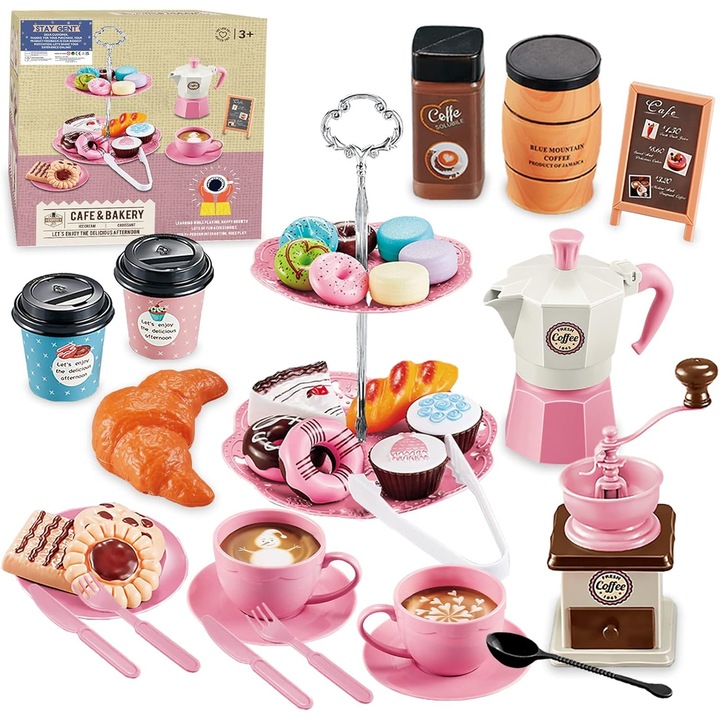 Set de Joaca cu Cafetiera si Ceainic pentru Copii, 38 Piese, Joaca de Rol cu Cafea, Prajituri si Accesorii, Cadou Creativ pentru Fetite si Baieti 3 ani +