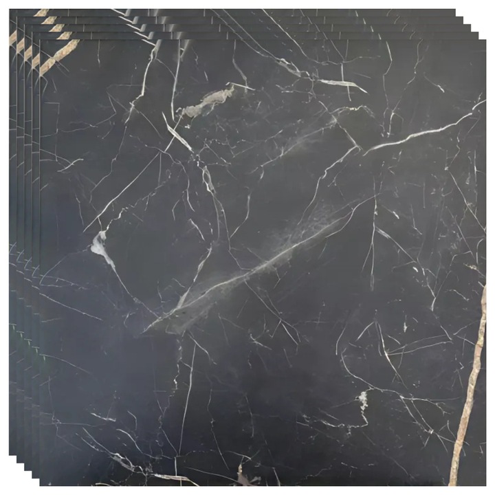 Set 10 placi adezive SDEPOT®, pentru podea, cu model tip marmura, ajustabile, rezistente la apa, usor de montat, negru