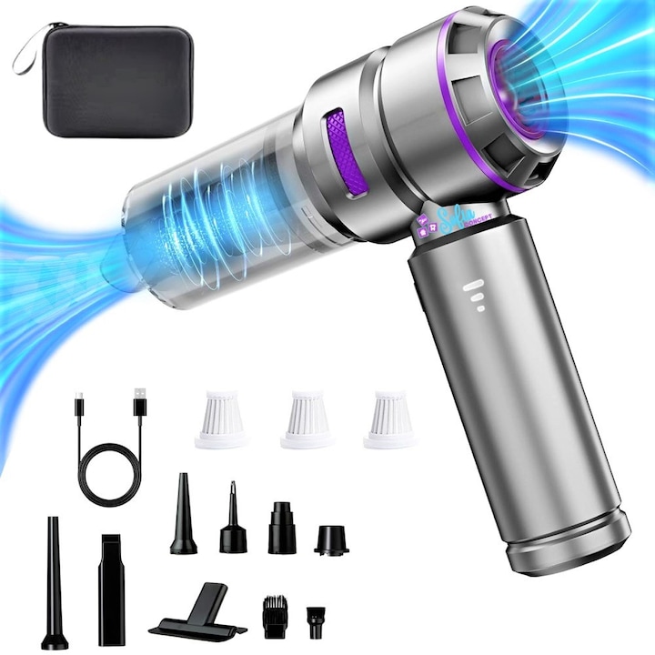 Aspirator Portabil pentru Casa si Masina, Sofia CONCEPT®, 3 in 1 Aspirare, Suflare, Sigilare, Motor fara Perii/Cupru, Fara fir, 16000Pa, 6000 Mah, 100 W, Umed/Uscat, Autonomie de 25 de Min, 3 Filtre Hepa Incluse, Accesorii Multifunctionale, Purple Diamond