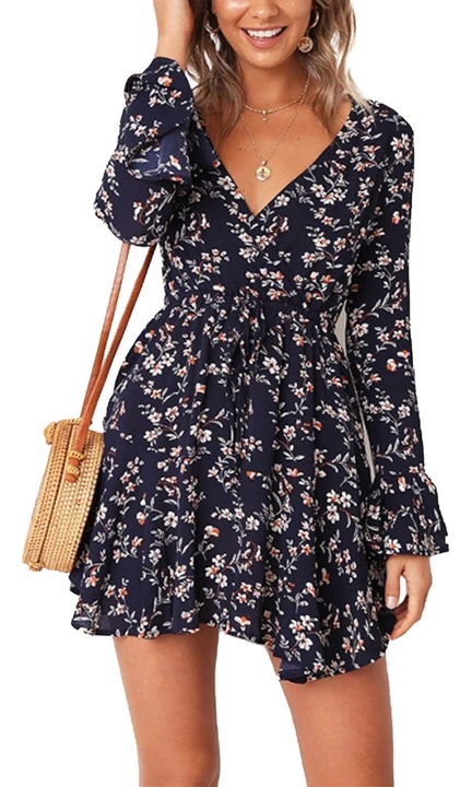 Jormftte női ruha, V-nyakú, hosszú ujjú, virágmintás, tengerészkék, poliészter-pamut