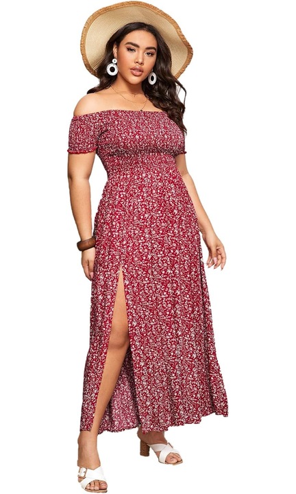 Női ruha Jormftte, hosszú, A-vonalú, virágos, piros, elasztikus anyag