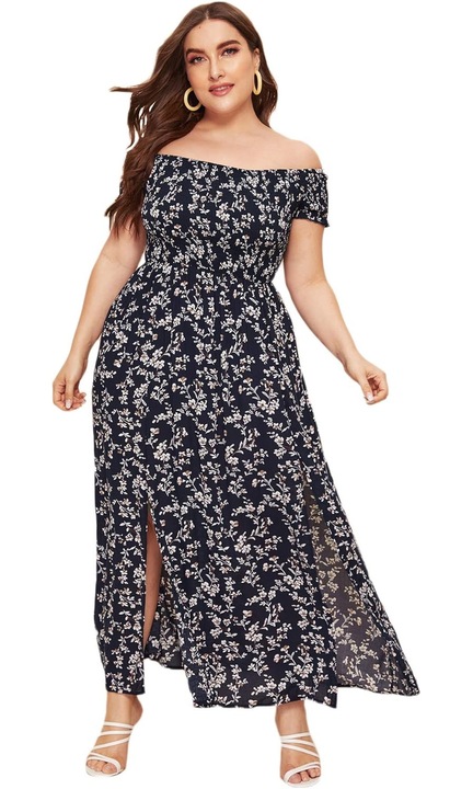 Jormftte női ruha, hosszú, nyitott vállú, magas derekú, fekete, rugalmas anyag, 2XL INTL