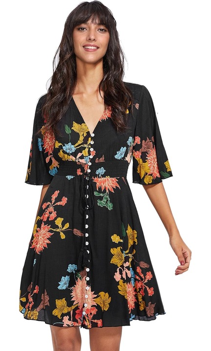 Parti ruha, Jormftte, boho, virágmintás, fekete, folyékony anyag