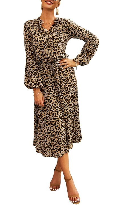 Midi ruha, Jormftte, leopárdmintás, hosszú ujjú, magas derék, barna színű, poliészter, L INTL