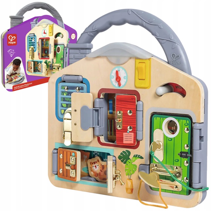 Манипулационна дъска, Hape 3+, 4 врати, 5 ключалки, 30x29.5 см