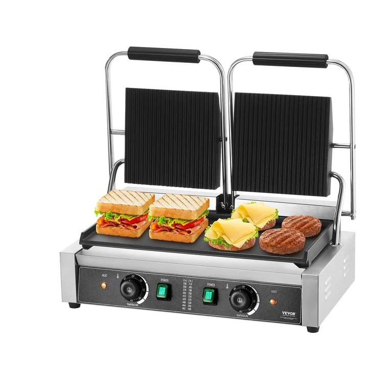 Elektromos paninisütő, 3600W, dupla sütőlap, hőmérséklet-szabályozás, fekete, méretek 570x410x215mm