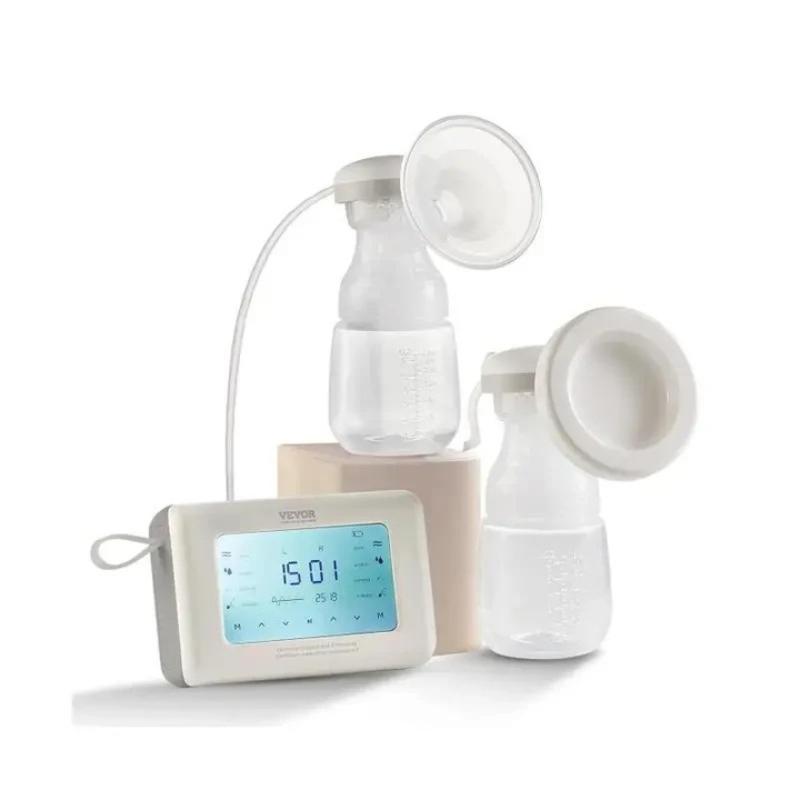 Електрическа помпа за кърма, 300 mmHg, 4 режима, 9/15 нива на засмукване, LED дисплей, пълен комплект, бяла