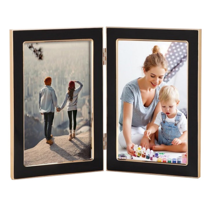 Rama foto dubla, 10x15cm, pliabila, neagra cu sticla calita, chenar metalic auriu