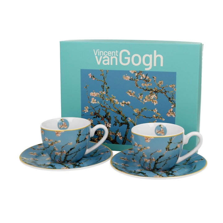Set 2 cesti de espresso de 90 ml cu farfurioare, Duo Gift, Almond Blossom inspirate de Van Gogh