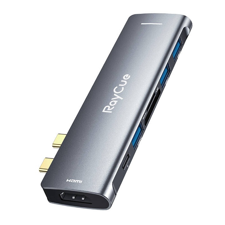 Хъб 7w2, 2x USB-C, 3x USB-A, HDMI 4K@60Hz, сив, 120x41.8x12.5mm