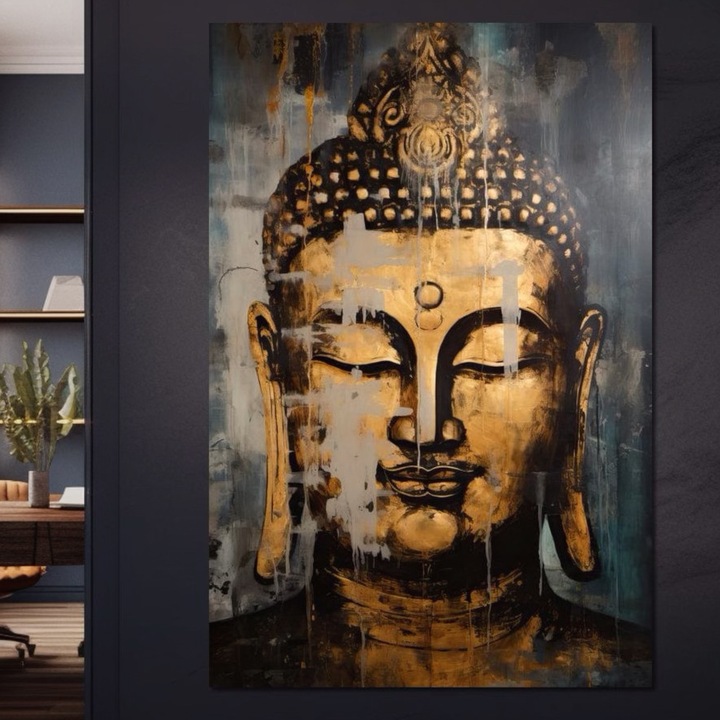 Prémium vászonfestmény, LuxCanva® I126, Eternal Spirit, 40 X 60 CM, 100% pamut vászon 400g/m2, fakeret, Buddha, Zen, meditáció, spiritualitás, harmónia, belső béke, egyensúly, rituálé, urna, arany, nappali, légy szoba