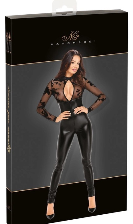 Szexi kezeslábas, Noir, fekete, rugalmas anyag, átlátszó tüll, szűk szabás, S INTL