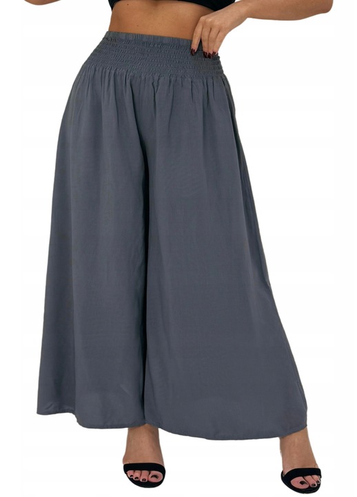 Pantaloni dama, Och Bella, largi, talie elastica, gri inchis, viscoza