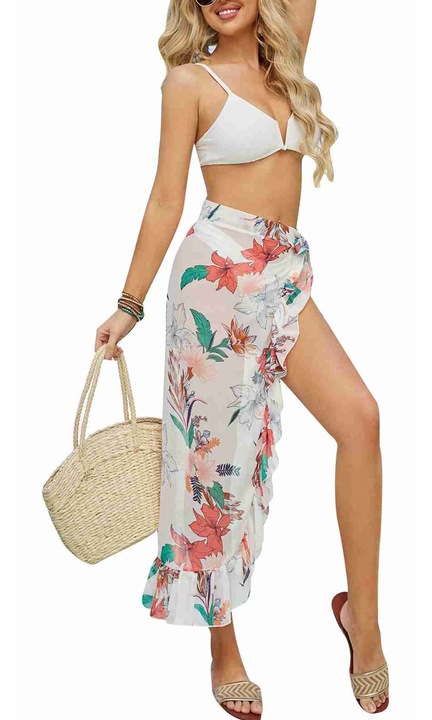 Női strandszárong, félig átlátszó kialakítás, derékban megkötős, napvédelemmel, virágmintával, egy méret