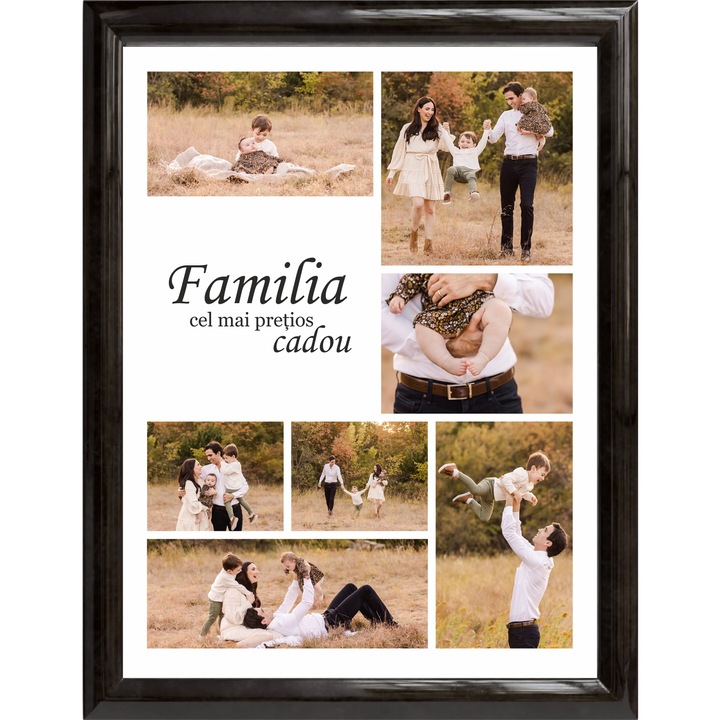 Tablou Canvas Personalizat tip colaj, VeliumCraft, 40x30 cm, personalizabil 100%, poze si text pentru familie, rama lemn natural, culoare negru, necesita 7 imagini minim