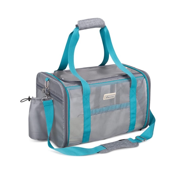 Geanta pentru caini/pisici Truelove, gri-albastru, cu suport moale, curea de siguranta