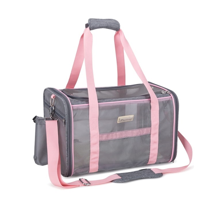 Transporter pentru caini/pisici Truelove, gri-roz, cu suport moale, curea de siguranta, dimensiuni pliate.