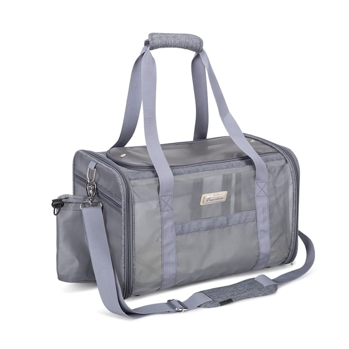 Geanta pentru caini/pisici Truelove, gri, cu suport detasabil, curea de siguranta