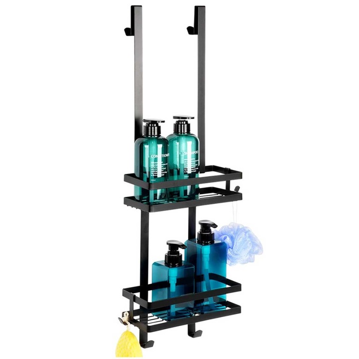 Etajera suspendata pentru cabina de dus, Vilde, metal negru, 2 etaje, 4 carlige, 23x10,5x75cm
