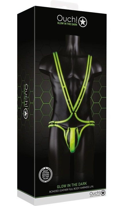 Chiloti cu ham sexy pentru barbati Ouch! piele, reglabil, detalii fluorescente, negru/verde, S/M