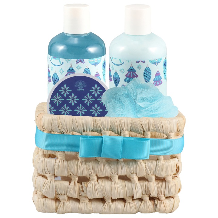 AURORA ajándékkészlet 4 darabos kosárban, tusfürdő 250 ml, balzsam 250 ml, fürdősó 70 g, kesztyű 15 g