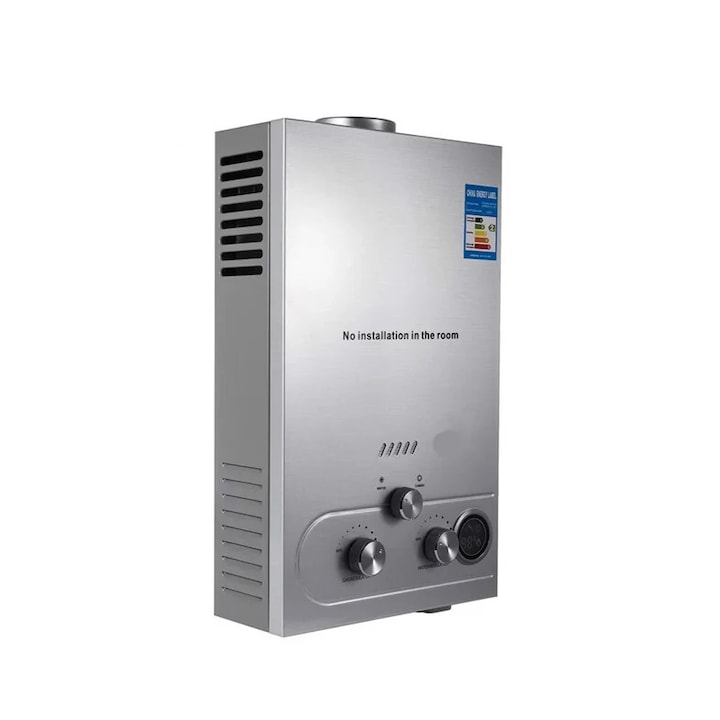 Átfolyós vízmelegítő, 12 literes, 24 kW-os, fali, rozsdamentes acél, zuhanyszett mellékelve