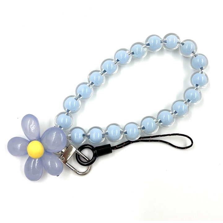 Snur telefon, Tip Bratara cu Agatatoare Transparenta, Accesoriu Elegant cu Perle si Floricica, Culoare Bleu