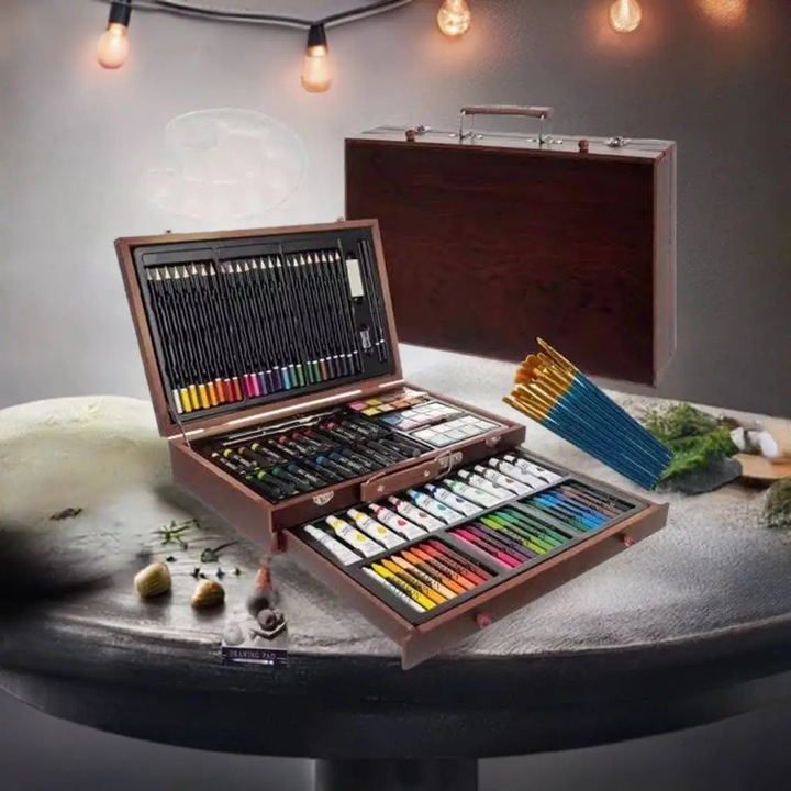 Trusa de Pictura si Desen cu 129 de Piese in Valiza din Lemn