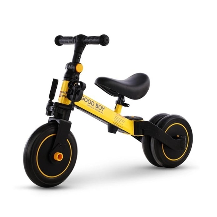 Tricicleta transformabila in bicicleta de echilibru, roata fata de 9 inci, pentru copii 2-6 ani cu inaltime intre 80-130 cm, 3.5 kg greutate, galben