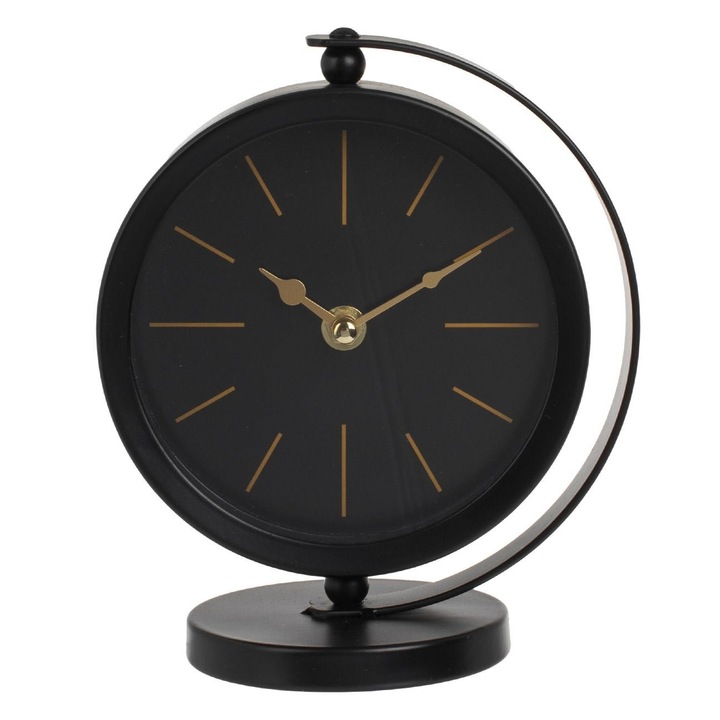 Ceas de Masa Rotativ Negru cu Suport Metalic si Indicatori Aurii Ø15x20cm