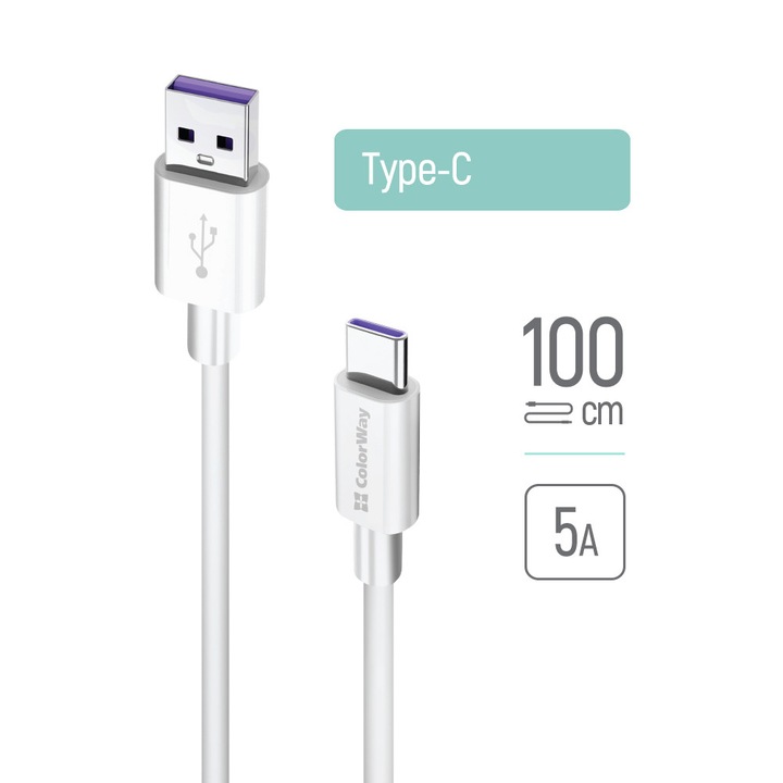 USB-USB-C adat- és töltőkábel, 1 m, ColorWay, fehér szín, CW-CBUC019-WH