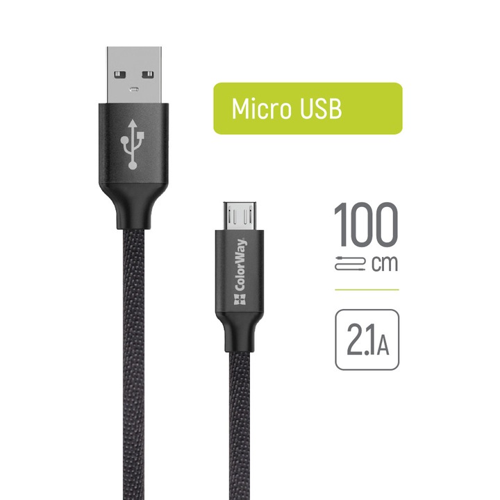 Adatkábel, USB, Micro-USB, 2.1A, 1m - ColorWay (CW-CBUM002-BK) - Fekete